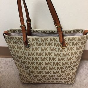 Michael Kors jacquard beige/camel signature tote.